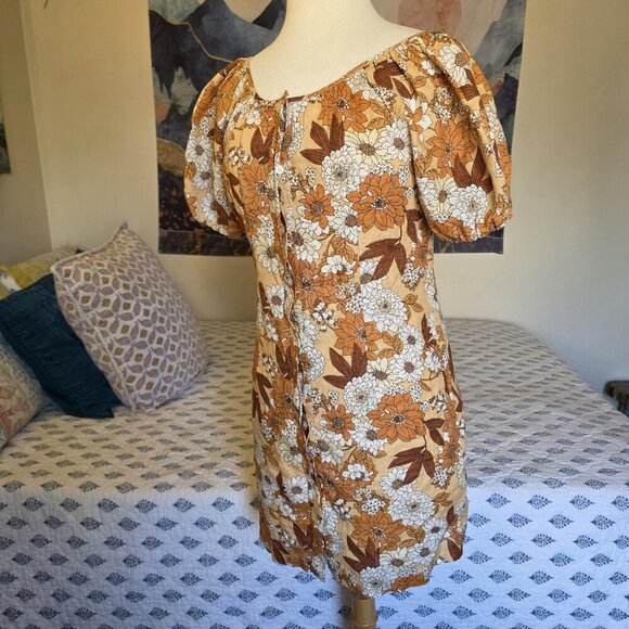 J.Crew Women’s 4 Linen Floral Puff Sleeve Mini Dress Boho Cottagecore Button Up - Picture 5 of 16
